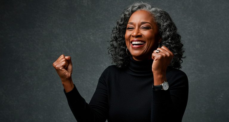 Smiling woman with gray hair celebrates her success.